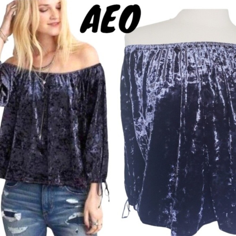 AEO Navy Blue Velvet Off the Shoulder Top - S|P